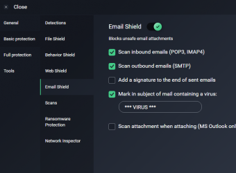AVG Settings with Basic Protection showing the Email Shield options to turn off Signature