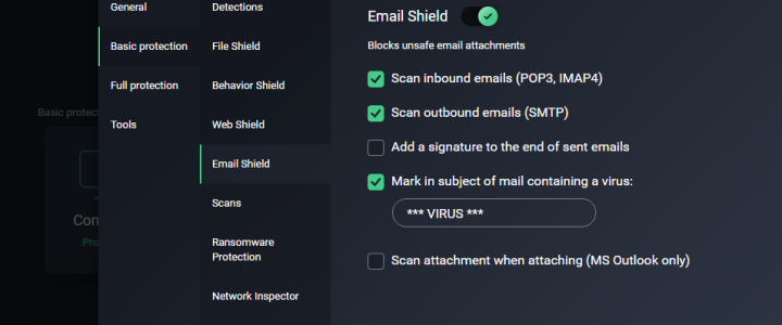 AVG Settings with Basic Protection showing the Email Shield options to turn off Signature